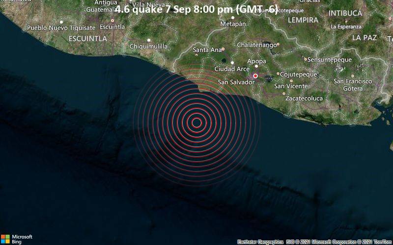 Leichtes Erdbeben der Stärke 4.6 - Nordpazifik, 91 km südwestlich von San Salvador, El Salvador, am Dienstag,  7. Sep 2021 um 20:00 Lokalzeit