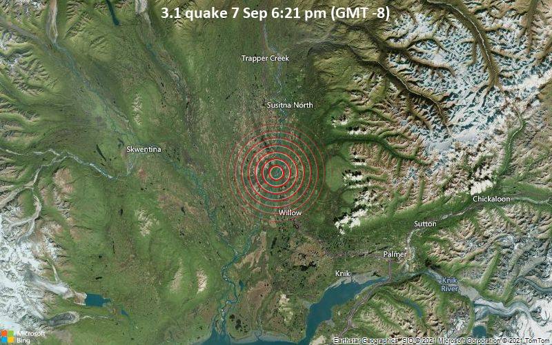 Schwaches Erdbeben Stärke 3.1 - Matanuska-Susitna Parish, 76 km nördlich von Alaska City, Anchorage, Alaska, USA, am Dienstag,  7. Sep 2021 um 18:21 Lokalzeit