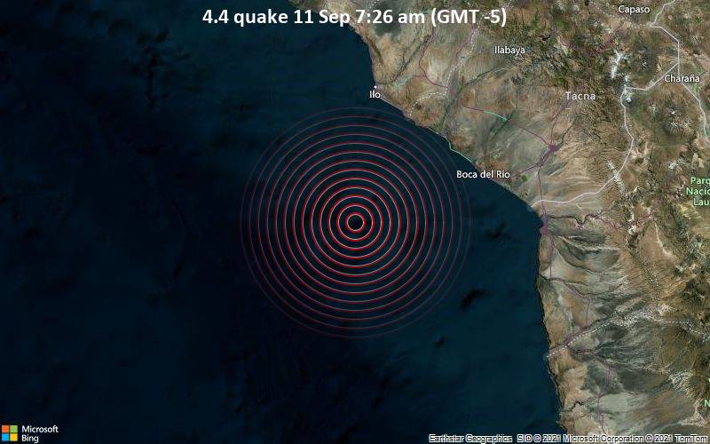 Leichtes Erdbeben der Stärke 4.4 - South Pacific Ocean, 91 km südlich von Ilo, Departamento de Moquegua, Peru, am Samstag, 11. Sep 2021 um 07:26 Lokalzeit