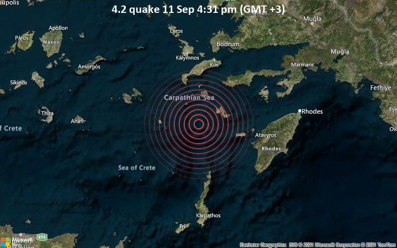 Moderates Erdbeben der Stärke 4.2 - Ägäisches Meer, 65 km südlich von Kos, Griechenland, am Samstag, 11. Sep 2021 um 16:31 Lokalzeit