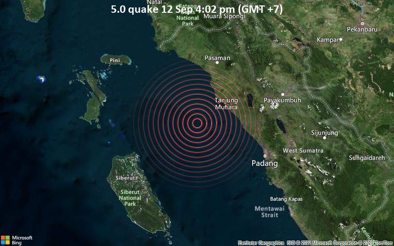 Moderates Erdbeben der Stärke 5.0 - Indischer Ozean, 58 km westlich von Pariaman, Sumatera Barat, Indonesien, am Sonntag, 12. Sep 2021 um 16:02 Lokalzeit