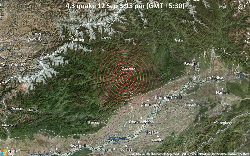 Leichtes Erdbeben der Stärke 4.3 - Upper Subansiri, Arunachal Pradesh, 67 km nördlich von North Lakhimpur, Indien, am Sonntag, 12. Sep 2021 um 15:15 Lokalzeit
