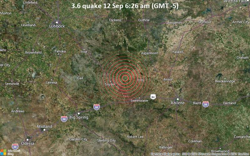 Leichtes Erdbeben der Stärke 3.6 - 24 km östlich von Snyder, Scurry County, Texas, USA, am Sonntag, 12. Sep 2021 um 06:26 Lokalzeit