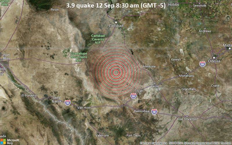 Moderates Erdbeben der Stärke 3.9 - Culberson County, Texas, 90 km südlich von Carlsbad, Eddy County, New Mexico, USA, am Sonntag, 12. Sep 2021 um 08:30 Lokalzeit
