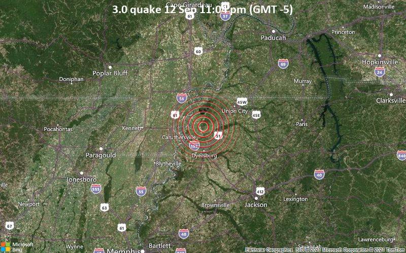 Schwaches Erdbeben Stärke 3.0 - Obion County, 24 km nördlich von Dyersburg, Dyer County, Tennessee, USA, am Sonntag, 12. Sep 2021 um 23:04 Lokalzeit