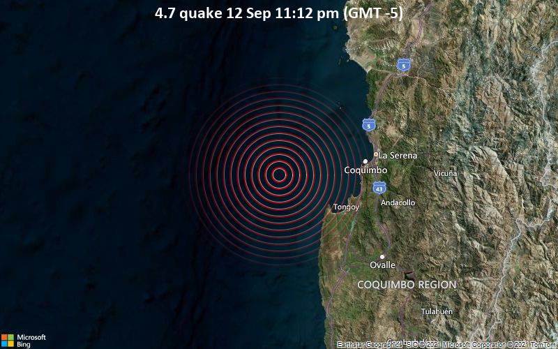 Moderates Erdbeben der Stärke 4.7 - South Pacific Ocean, 76 km westlich von La Serena, Provincia de Elqui, Coquimbo Region, Chile, am Sonntag, 12. Sep 2021 um 23:12 Lokalzeit
