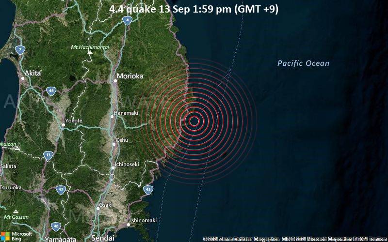 Leichtes Erdbeben der Stärke 4.4 - Nordpazifik, 17 km nordöstlich von Kamaishi, Präfektur Iwate, Japan, am Montag, 13. Sep 2021 um 13:59 Lokalzeit