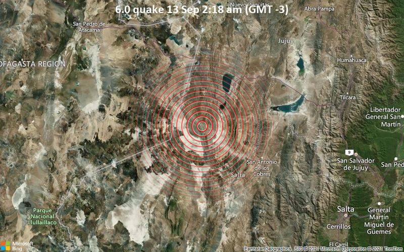 Starkes Magnitude 6.0 Erdbeben - Departamento de Susques, 174 km westlich von San Salvador de Jujuy, Departamento de Doctor Manuel Belgrano, Jujuy, Argentinien, am Montag, 13. Sep 2021 um 02:18 Lokalzeit