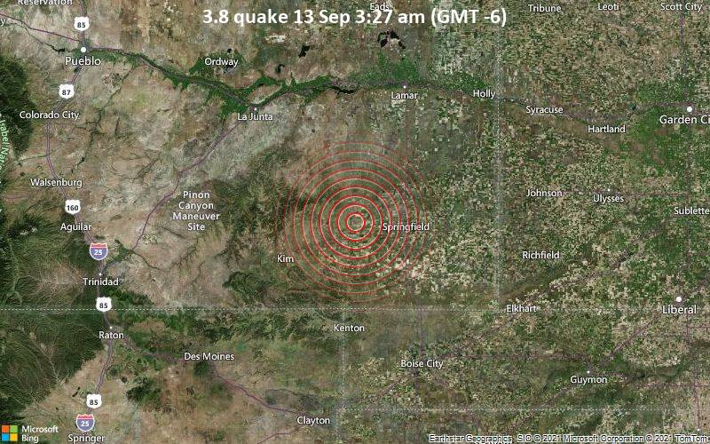 Moderates Erdbeben der Stärke 3.8 - 28 km westlich von Springfield, Baca County, Colorado, USA, am Montag, 13. Sep 2021 um 03:27 Lokalzeit