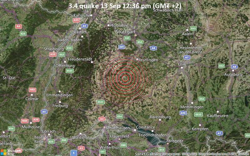Leichtes Erdbeben der Stärke 3.4 - 7.6 km nördlich von Albstadt, Tübingen, Baden-Württemberg, Deutschland, am Montag, 13. Sep 2021 um 12:36 Lokalzeit