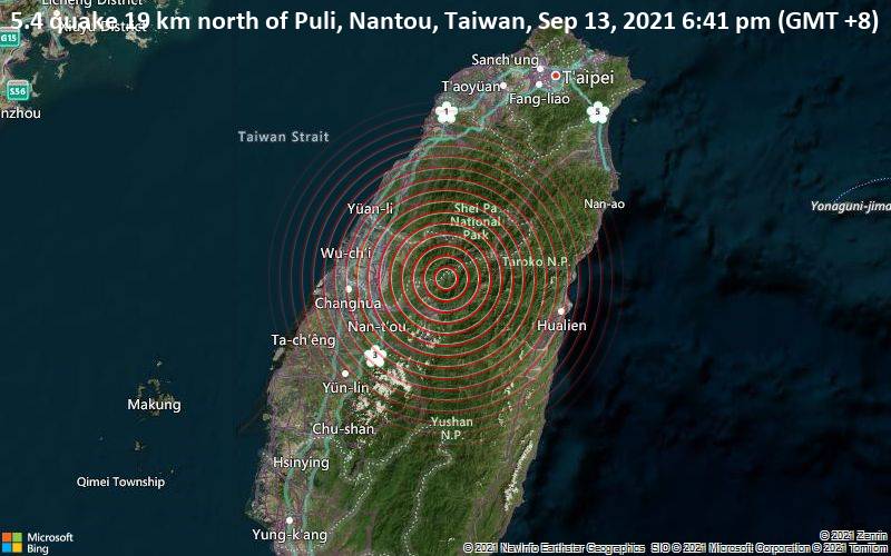 Moderates Erdbeben der Stärke 5.4 - 19 km nördlich von Puli, Nantou, Taiwan, am Montag, 13. Sep 2021 um 18:41 Lokalzeit