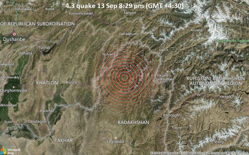 Leichtes Erdbeben der Stärke 4.3 - Kūf Āb, 96 km nördlich von Faizabad, Faīẕābād, Badakhshan, Afghanistan, am Montag, 13. Sep 2021 um 20:29 Lokalzeit
