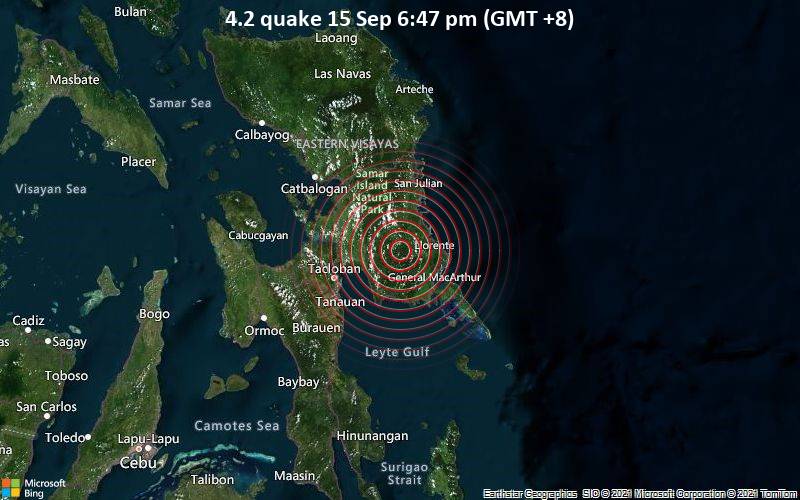 Leichtes Erdbeben der Stärke 4.2 - Eastern Samar, 41 km nordöstlich von Panalanoy, Philippinen, am Mittwoch, 15. Sep 2021 um 18:47 Lokalzeit
