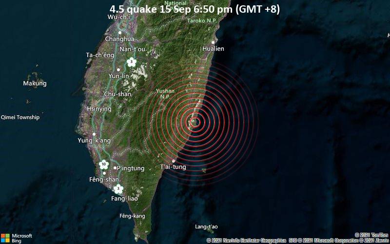 Moderates Erdbeben der Stärke 4.5 - Taitung, 51 km nordöstlich von Taitung City, Taiwan, am Mittwoch, 15. Sep 2021 um 18:50 Lokalzeit