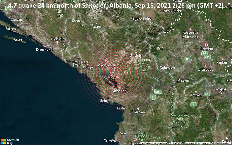 4.7 quake 24 km north of Shkoder, Albania, Sep 15, 2021 2:26 pm (GMT +2)