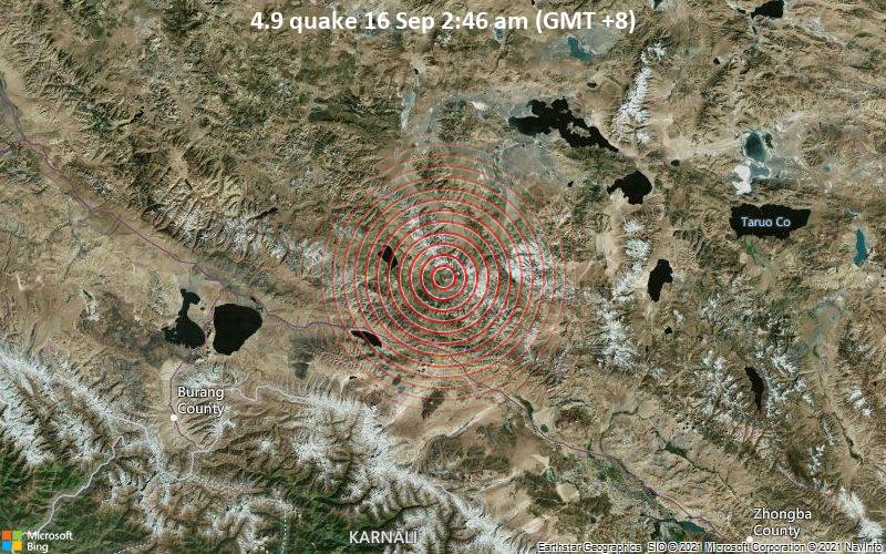 Moderates Erdbeben der Stärke 4.9 - Tibet, China, 265 km nordöstlich von Pithoragarh, Uttarakhand, Indien, am Donnerstag, 16. Sep 2021 um 02:46 Lokalzeit