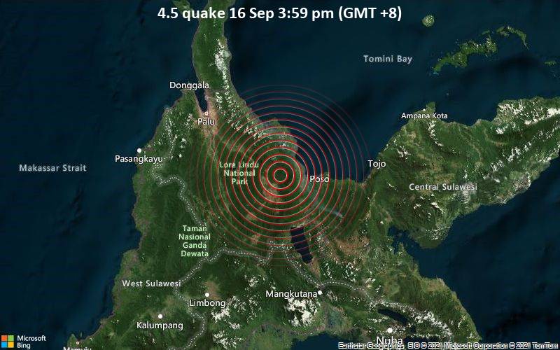 Moderates Erdbeben der Stärke 4.5 - 34 km westlich von Poso, Sulawesi Tengah, Indonesien, am Donnerstag, 16. Sep 2021 um 15:59 Lokalzeit