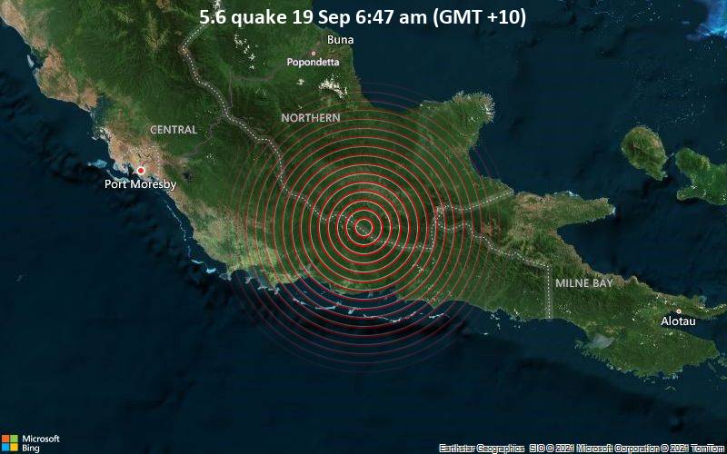 Starkes Magnitude 5.6 Erdbeben - 120 km südlich von Popondetta, Sohe, Northern Province, Papua-Neuguinea, am Sonntag, 19. Sep 2021 um 06:47 Lokalzeit