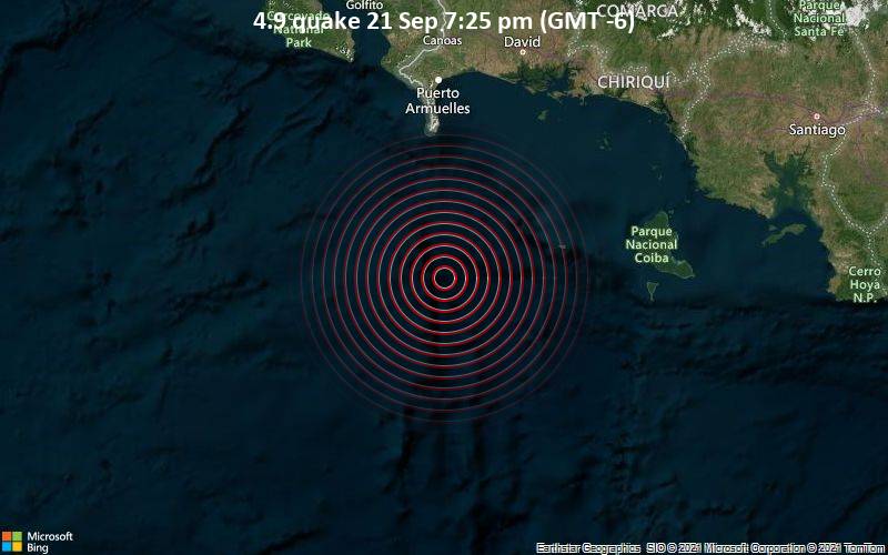 Moderates Erdbeben der Stärke 4.9 - Nordpazifik, 131 km südlich von David, Provincia de Chiriqui, Panama, am Dienstag, 21. Sep 2021 um 20:25 Lokalzeit