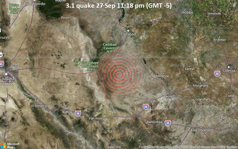 Leichtes Erdbeben der Stärke 3.1 - Culberson County, Texas, 78 km südlich von Carlsbad, Eddy County, New Mexico, USA, am Montag, 27. Sep 2021 um 23:18 Lokalzeit