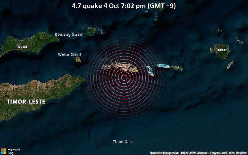 Quake Info Moderate Mag 4 8 Earthquake Timor Sea Indonesia 114 Km East Of Lospalos Municipio De Lautem Timor Leste On Monday Oct 4 21 7 02 Pm Gmt 9 Volcanodiscovery