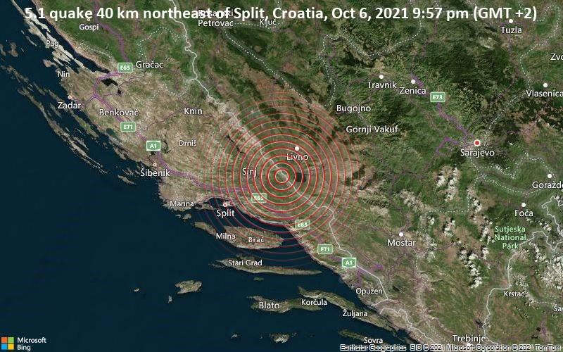Starkes Magnitude 5.1 Erdbeben - 40 km nordöstlich von Split, Kroatien, am Mittwoch,  6. Okt 2021 um 21:57 Lokalzeit
