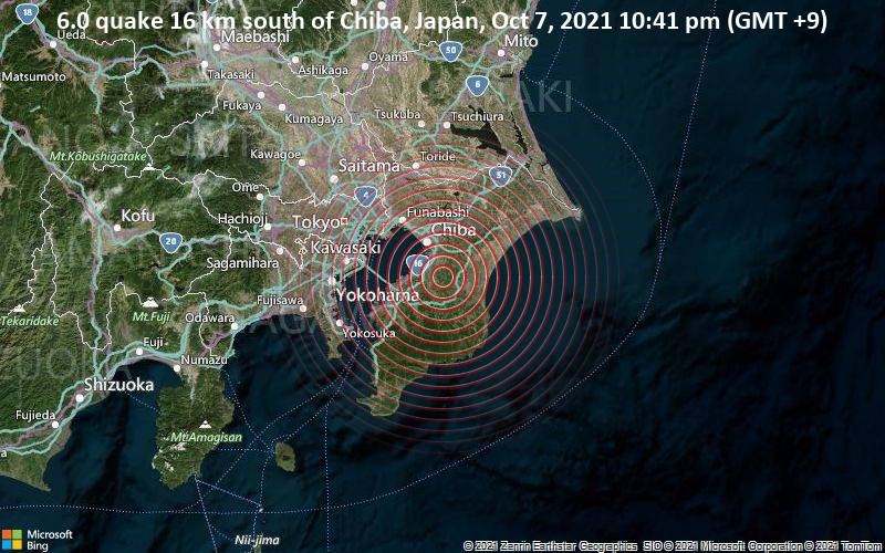 6.0 quake 16 km south of Chiba, Japan, Oct 7, 2021 10:41 pm (GMT +9)