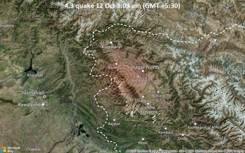 moderate magnitude 4 3 earthquake 33 km southwest of srinagar india volcanodiscovery