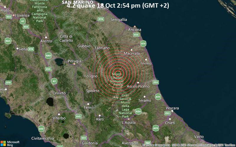 Moderates Erdbeben der Stärke 4.2 - Provincia di Macerata, 34 km nordwestlich von Ascoli Piceno, Marken, Italien, am Montag, 18. Okt 2021 um 14:54 Lokalzeit