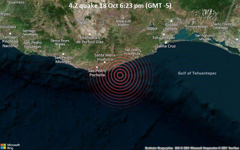 Moderates Erdbeben der Stärke 4.2 - Nordpazifik, 20 km südöstlich von Crucecita, Mexiko, am Montag, 18. Okt 2021 um 18:23 Lokalzeit