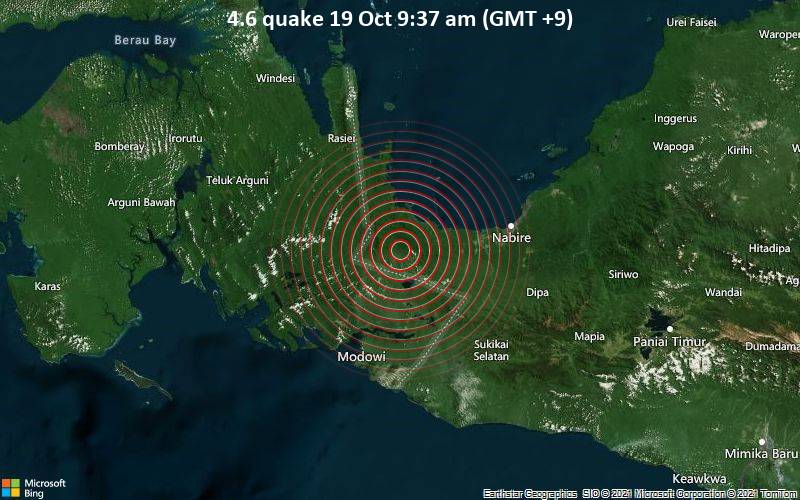 Moderates Erdbeben der Stärke 4.6 - 69 km westlich von Nabire, Papua, Indonesien, am Dienstag, 19. Okt 2021 um 09:37 Lokalzeit