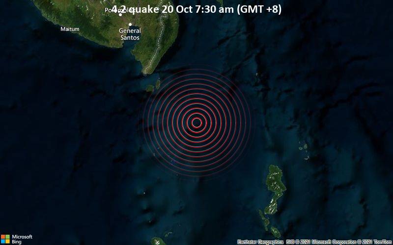 Leichtes Erdbeben der Stärke 4.2 - Philippine Sea, 65 km südöstlich von Sarangani, Davao Occidental, Philippinen, am Mittwoch, 20. Okt 2021 um 07:30 Lokalzeit