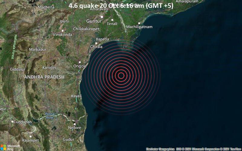 Moderates Erdbeben der Stärke 4.6 - Golf von Bengalen, 78 km südöstlich von Chīrāla, Indien, am Mittwoch, 20. Okt 2021 um 06:16 Lokalzeit