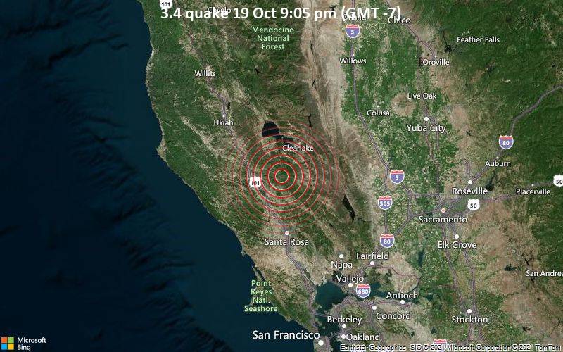 Leichtes Erdbeben der Stärke 3.4 - 39 km nördlich von Santa Rosa, Sonoma County, Kalifornien, USA, am Dienstag, 19. Okt 2021 um 21:05 Lokalzeit