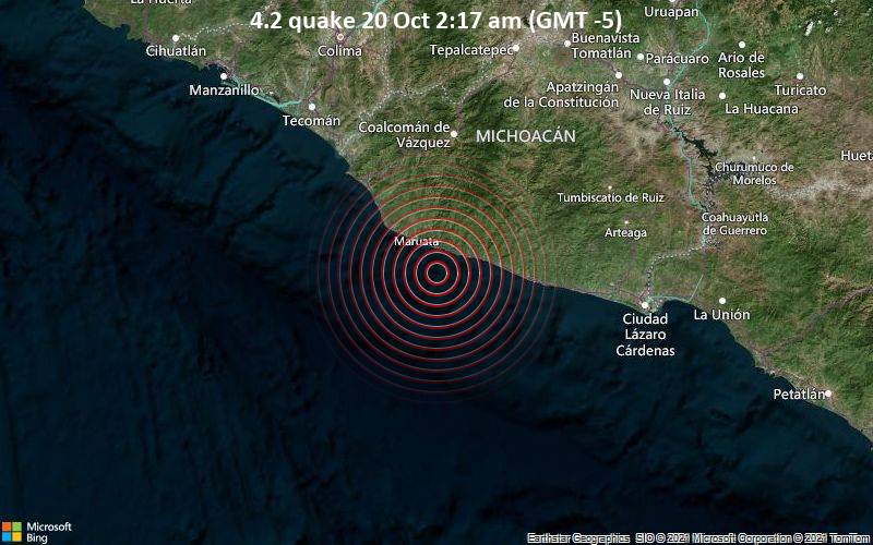 Moderates Erdbeben der Stärke 4.2 - Nordpazifik, 60 km südöstlich von Aquila, Michoacán, Mexiko, am Mittwoch, 20. Okt 2021 um 02:17 Lokalzeit