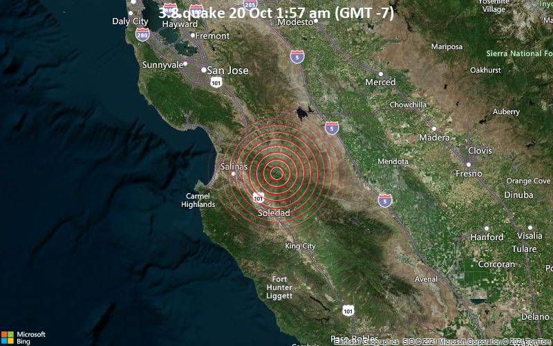Moderates Erdbeben der Stärke 3.8 - San Benito County, 30 km östlich von Salinas, Monterey County, Kalifornien, USA, am Mittwoch, 20. Okt 2021 um 01:57 Lokalzeit