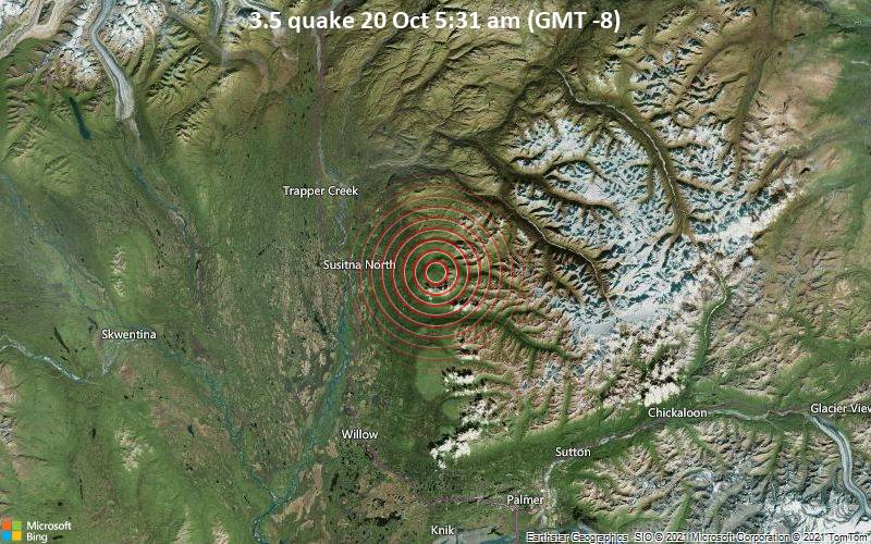 Schwaches Erdbeben Stärke 3.5 - Matanuska-Susitna Parish, 10.7 km südöstlich von Susitna North, Matanuska-Susitna, Alaska, USA, am Mittwoch, 20. Okt 2021 um 05:31 Lokalzeit