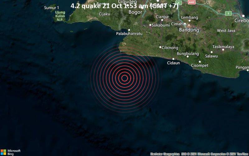 Moderates Erdbeben der Stärke 4.2 - Indischer Ozean, 93 km südlich von Pelabuhanratu, Westjava, Indonesien, am Donnerstag, 21. Okt 2021 um 01:53 Lokalzeit