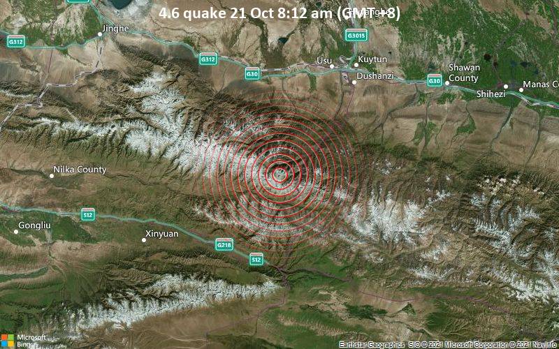 Moderates Erdbeben der Stärke 4.6 - Heilongjiang, 95 km nordöstlich von Xinyuan, Xinjiang, China, am Donnerstag, 21. Okt 2021 um 08:12 Lokalzeit