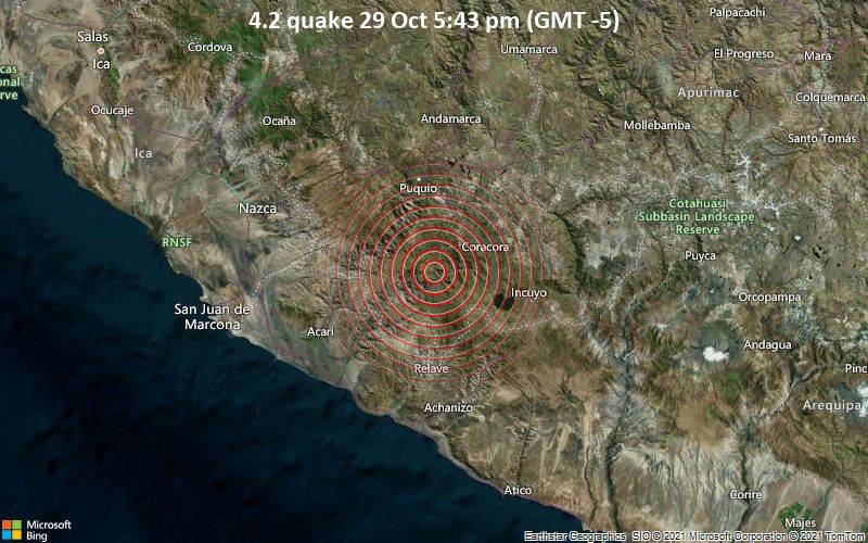 Leichtes Erdbeben der Stärke 4.2 - Provincia de Lucanas, 31 km südwestlich von Coracora, Peru, am Freitag, 29. Okt 2021 um 17:43 Lokalzeit