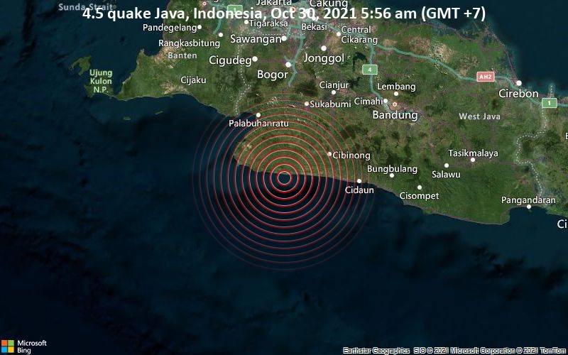 Moderates Erdbeben der Stärke 4.5 - Java, Indonesia, am Samstag, 30. Okt 2021 um 05:56 Lokalzeit