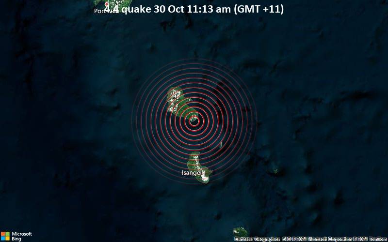 Leichtes Erdbeben der Stärke 4.4 - Korallen Meer, 61 km nördlich von Isangel, Tafea Province, Vanuatu, am Samstag, 30. Okt 2021 um 11:13 Lokalzeit