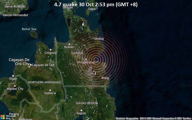 Leichtes Erdbeben der Stärke 4.7 - Philippine Sea, 46 km nordwestlich von Bislig City, Philippinen, am Samstag, 30. Okt 2021 um 14:53 Lokalzeit