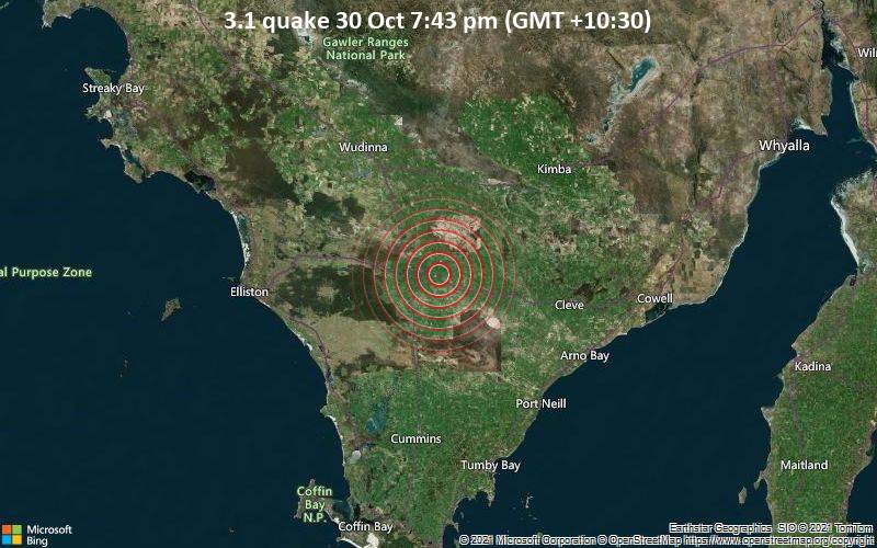 Leichtes Erdbeben der Stärke 3.1 - Elliston, 63 km westlich von Cleve, Südaustralien, am Samstag, 30. Okt 2021 um 19:43 Lokalzeit