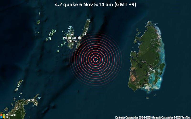 Leichtes Erdbeben der Stärke 4.2 - Aru Sea, 89 km südöstlich von Tual, Maluku, Indonesien, am Samstag,  6. Nov 2021 um 05:14 Lokalzeit
