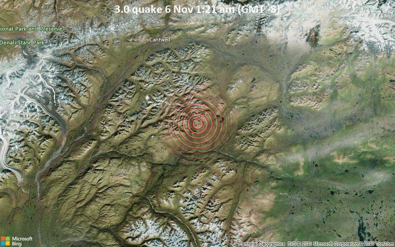 Leichtes Erdbeben der Stärke 3.0 - Matanuska-Susitna Parish, 162 km nördlich von Wasilla, Matanuska-Susitna, Alaska, USA, am Samstag,  6. Nov 2021 um 01:21 Lokalzeit