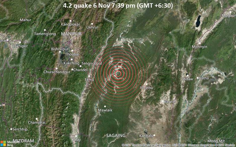 Leichtes Erdbeben der Stärke 4.2 - 82 km nordöstlich von Mawlaik, Sagaing Region, Myanmar, am Samstag,  6. Nov 2021 um 19:39 Lokalzeit