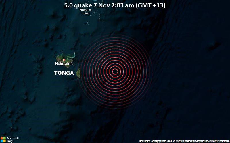 Moderates Erdbeben der Stärke 5.0 - South Pacific Ocean, 94 km östlich von Lapaha, Tongatapu, am Sonntag,  7. Nov 2021 um 02:03 Lokalzeit