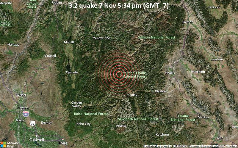 Leichtes Erdbeben der Stärke 3.2 - Custer County, 128 km nordöstlich von Boise, Ada County, Idaho, USA, am Sonntag,  7. Nov 2021 um 17:34 Lokalzeit