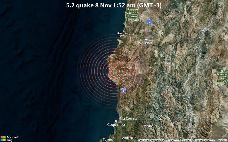 Moderates Erdbeben der Stärke 5.2 - Huasco Province, Atacama, 89 km nördlich von La Serena, Provincia de Elqui, Coquimbo Region, Chile, am Montag,  8. Nov 2021 um 01:52 Lokalzeit